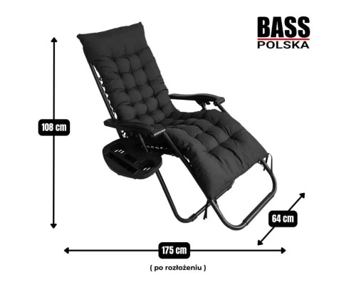 Складаний шезлонг-крісло для саду Bass Polska BH 31012 з м’яким матрацом і боковим столиком, зручний лежак для відпочинку 175x64x108 см, чорного кольору