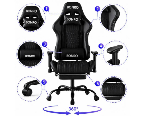 Геймерське крісло з підставкою для ніг Bonro 1002G-1 чорне (42401214)